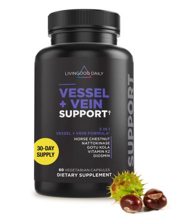 Livingood Daily Vessel & Vein Support Circulation & Vein Support Supplement with Diosmin Horse Chestnut Nattokinase Gotu Kola & Vitamin K2 Vascular & Vein Health Formula Gluten Free 60 Capsules