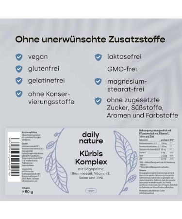 Dailynature Pumpkin Complex Capsules - High Dose 350mg 90 Capsules Made in Germany | Supports Prostate Health with Pumpkin Seeds Saw Palms Nettle Vitamin E & Zinc | 3 Months Supply - Buy Online on GoSupps.com