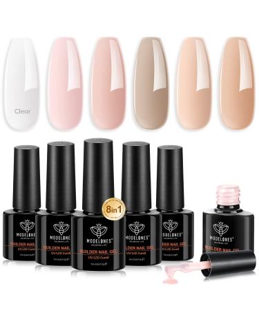Modelones Builder Nail Gel 6 Colors 8-in-1 Gel Builder Set for Nails Hard Gel Builder Nail Strengthener Extension Color Gel Base Gel Rhinestone False Nail Tips Glue Gel in a Bottle Gifts for Women