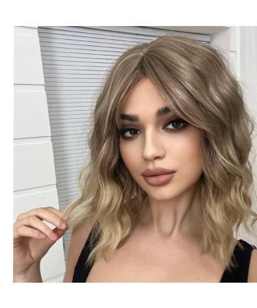 WOKESTAR Bob Curly Wig with Fringe Short Synthetic Wavy Wigs for Women Ash Blonde Color 12 inch Ash Blonde
