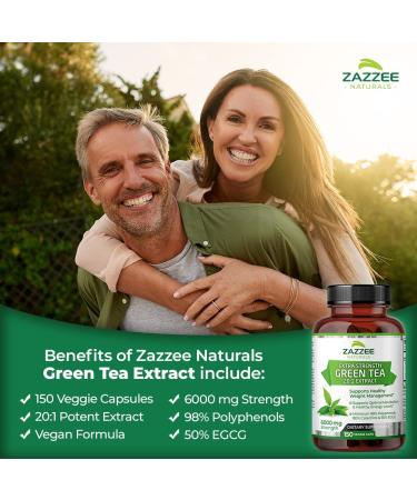 Zazzee Extra Strength Green Tea Extract 6000mg - 150 Vegan Capsules - 50% EGCG - 98% Polyphenols - 80% Catechins - Potent 20x Extract - Up to 5 Month Supply - All-Natural & Vegan - Buy Online on GoSupps.com