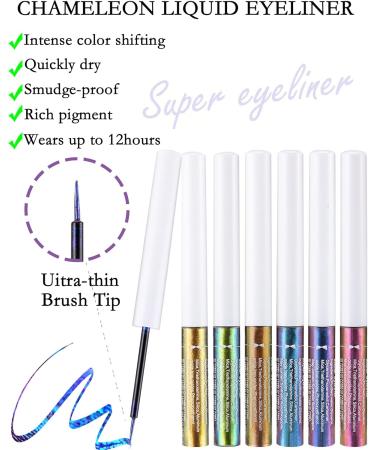 Chameleon Multichrome Glitter Liquid Eyeliner Kit-6Pcs Purple/Blue/Gold/Green Metallic Satin Colored Finish Eye Liner Eye Shadow Stick Longwear Ultra-Fine Tip Eyeliner Pen for Glitter Makeup 6 Colors - Buy Online on GoSupps.com