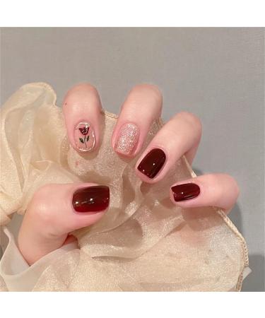 Press on Nails Short Fake Nails 24Pcs Shiny Burgundy Colour False fingernail with Self-Adhesive Jelly Nail Glue Tabs Press On False Nails