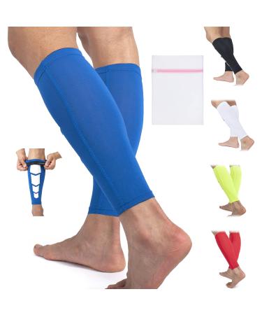 360 RELIEF Compression Calf Sleeves - for Fitness Sports | Shin Splints Torn Muscle Cramps Workout Circulation Running Jogging Marathon Hiking | 1 Pair X-Large Blue with Mesh Laundry Bag | Blue XL-1PAIR