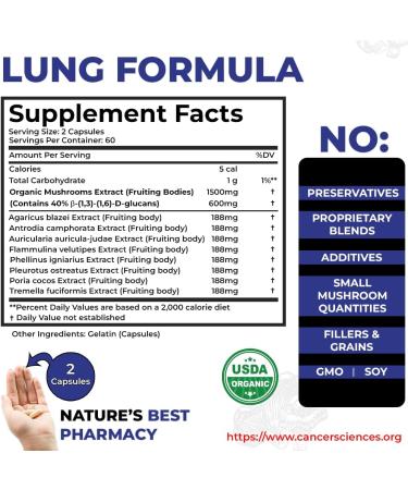 CANCER SCIENCES Lung Health & Wellness Supplement USDA Certified Organic Mushrooms Extract 1 500 mg Extra Strength High Potency 40% Beta-Glucans Immune Support Healthy Lungs Booster 120 Capsules Lung Formula - Buy Online on GoSupps.com