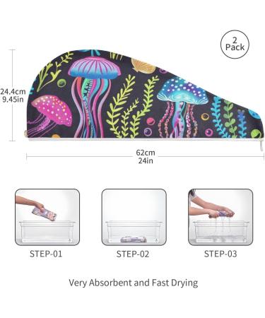 Rainbow Jellyfish Hair Towel 2 Pack | Super Absorbent Quick Dry Turbans for Women & Girls - Perfect Hair Drying Solution - Buy Online on GoSupps.com
