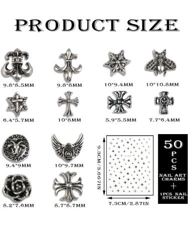 Cross Nail Art Charms 3D Cute Punk Metal Nail Decorations for Women & Girls - 50PCS Antique Silver DIY Manicure Accessories Retro Rose Studs Rivets Hearts Ornaments - Buy Online on GoSupps.com