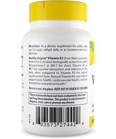Healthy Origins Vitamin K2 MK-7 Supplement 100 mcg - 60 Count for Bone & Heart Health - Buy Online on GoSupps.com