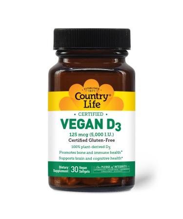 Country Life Vegan D3 5000 IU Plant-Derived Vitamin D3 from Lichen High Potency Immune & Bone Support Certified Vegan Gluten-Free Non-GMO 30 Softgels
