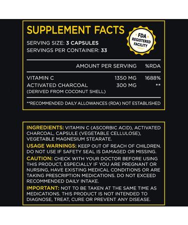 Vital Aim Activated Charcoal with Vitamin C 1350mg - Gas & Bloating Relief, Detox Support - 100 Vegan Capsules - Buy Online on GoSupps.com