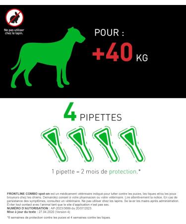 FRONTLINE Combo Dog - Anti Flea Anti-Tick - Protects Habitat1 Eliminates Fleas for 8 Weeks/Ticks for 4 Weeks - For Dogs +40 kg - Made in France - 4 Pipettes - Buy Online on GoSupps.com