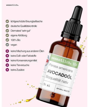  wesentlich. Essentially. Organic avocado oil 50 ml with dropper | Rich care for dry skin and brittle hair | Cold-pressed & pure | For face and body - Buy Online on GoSupps.com