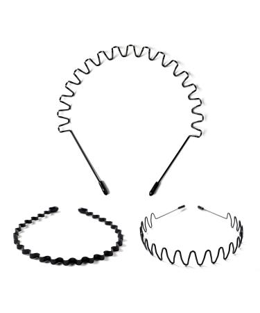 3 Pack Metal Hair Band - Non-Slip and Durable Wavy Headband - Metal Headbands for Women and Men - Black Metal Spring Wavy Hairband - Hair Hoop for Outdoor Sports Weddings and Daily Wear black 3