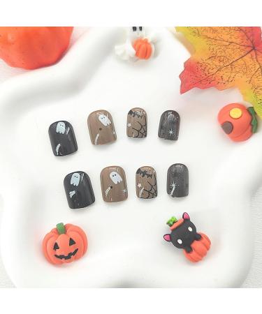 Shop Halloween Press On Nails - Short Square Fake Nails with Spider Web Bat & Ghost Design - 24 Pcs Glossy Full Cover Glue-On Nails for Women - Buy Online on GoSupps.com