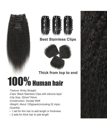 Yumlas 10 Inch Kinky Straight Clip In Human Hair Extensions 10PCS 120g Yaki Straight Clip 9A Full Head Natural Black Real Human Hair Extensions for Black Women - #1B Natural Black - Buy Online on GoSupps.com