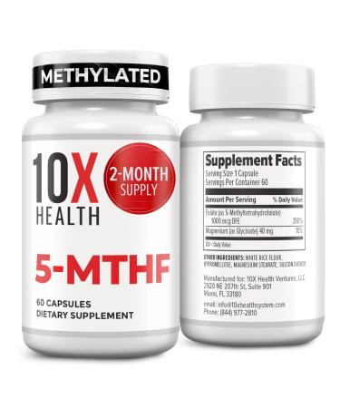 10X Health 5-MTHF Methylfolate - Methylated Folate & Magnesium for Brain Heart Health DNA & Neurotransmitter Synthesis - Bioavailable Methyl Folate Supplement - Methylfolate Supplement 60 Capsules