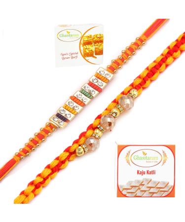 Ghasitaram Gifts Rakhi for Brother Rakhis Online - Set of 2 Glittering Thread and Multicolour Stone Premium Rakhis with 200 GMS of Besan Barfi and 200 GMS of Kaju Katli