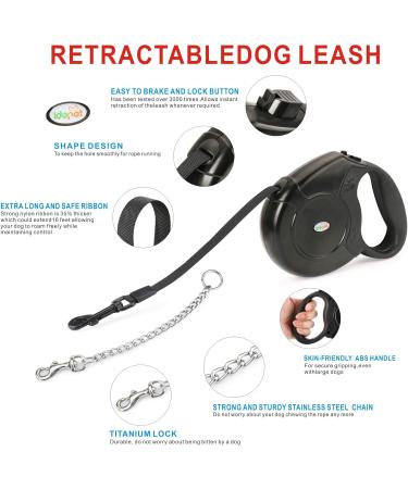 Idepit Heavy Duty Retractable Dog Leash | Anti-Chewing Steel Chain | 360 Tangle-Free | Small & Medium Dogs | 16ft | Black - Buy Online on GoSupps.com