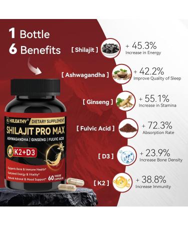 HIILEATHY Shilajit for Men Women Shilajit w/Vitamin D3 K2 Shilajits for Men w/Fulvic Acid Ashwagandha Ginseng Root Shilajits for Extra Power Stamina Immune Support Non-GMO Made in US 60 Capsules - Buy Online on GoSupps.com
