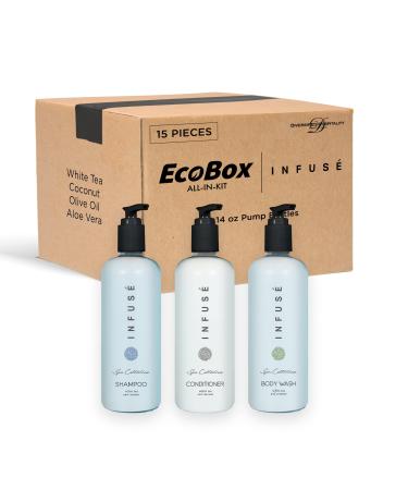 1-Shoppe Aquavera 15 Piece Ecobox All-In-Kit | White Tea and Coconut Soap | 6 Shampoo 3 Conditioner & 6 Body Wash | 10.14oz Hotel Soaps and Toiletries Bulk | Personal Care Products