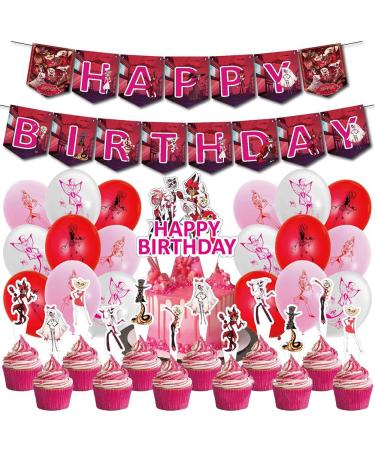 Zhongkaihua Hazbin Hotel Party Decorations Birthday Cake Decoration Supplies Set Includes Happy Birthday Banner Cake Topper Cupcake Toppers Balloons 32 pcs Type1