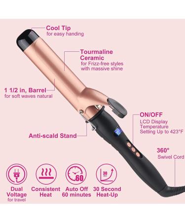 Curling Iron Set - 38mm Hair Curler with Gloves LCD Display Adjustable Temperature Auto Shut Off & Dual Voltage - Rose Gold - Buy Online on GoSupps.com