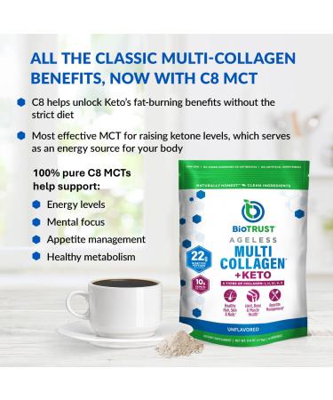 BioTrust Multi Collagen Protein Powder + Keto MCT Oil 5 Types (I II III V X) & 100% Caprylic Acid C8 - Support Elevated Ketones Metabolism Joints & Beauty All in 1 Collagen Powder (Unflavored) Keto Collagen Unflavor  - Buy Online on GoSupps.com
