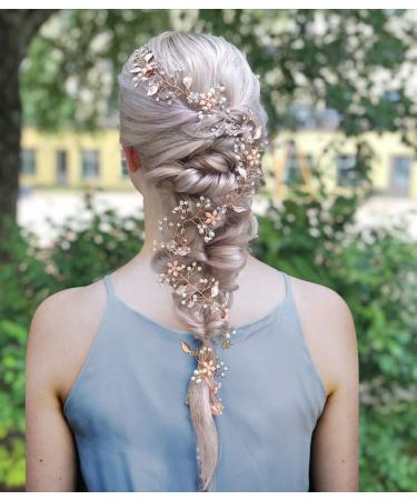 Sweetv Rose Gold Hair Vine - Braided Wedding Headband Bohemian Headpiece - 28.5 Inch Extra Long Crystal Pearl Bridal Hair Accessories - Rose Gold - Buy Online on GoSupps.com