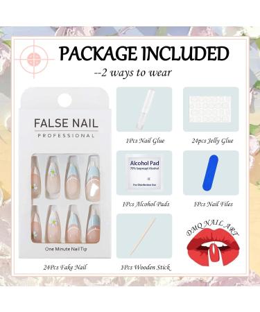 Almond Flower False Nails Short 24Pcs Oval French Fake Nails Light Blue and White Press on Nails - Floral Nude French Nail Tips - Nail Glue Stick - Women Girls Nails Art - Blue 29 Piece Set - Buy Online on GoSupps.com