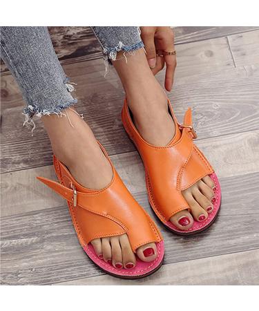 DAVNO Womens Comfy Platform Sandals Bunion Correction Sandals Summer Leather Flip Flops Orthopedic Toe Ring Slides Open Toe Breathable Casual Beach Travel Shoes 43CN Orange 43CN Orange