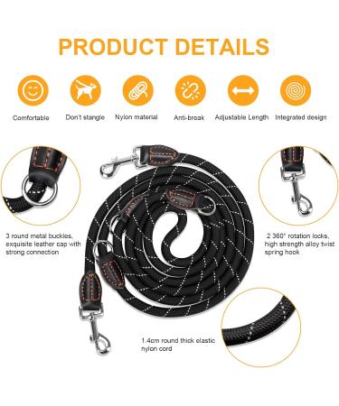 Adjustable Reflective Dog Leash for Large & Medium Dogs - 3M Nylon Lead with Double Carabiner Hooks - Buy Online on GoSupps.com
