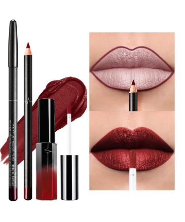 Erinde Dark Red Lip Liner Lipstick - Makeup Set  Long-Lasting Non-Stick Cup Velvet Lipstick Matte Kit - Not Fade Waterproof Lip liner Kit for Daily Makeup 08