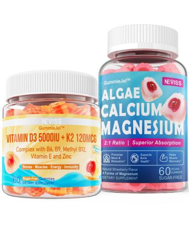 NEVISS Vitamin D3 5000IU + K2 (MK-7) 120mcg + Calcium Supplement 600mg Algae Calcium Magnesium 2:1
