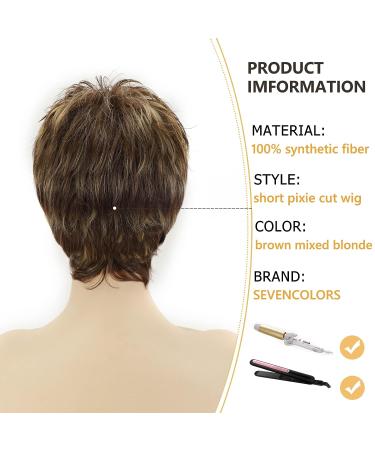 SEVENCOLORS Short Dark Brown Mixed Blonde Highlight Pixie Cut Wig with Bangs - Synthetic Layered Natural Hair Replacement for Women - Buy Online on GoSupps.com