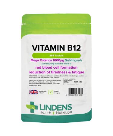 Lindens Vitamin B12 1000mcg Sublingual Tablets | 365 Pack | Contributing Towards Red Blood Cell Formation Reduction of Tiredness & Fatigue Cherry 365 Count (Pack of 1)