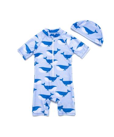 BONVERANO Baby Boy All-in-one Sunsuit/Swimsuits upf 50+ Sun Protection S/S Swimming Costume with Cap. 12-18 Months Whales