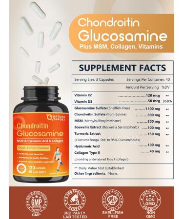 NATURE TARGET Glucosamine Chondroitin - Joint Supplement for Women & Men, Plus MSM, Collagen, Shellfish Free, 120 Counts 120 Count (Pack of 1) - Buy Online on GoSupps.com