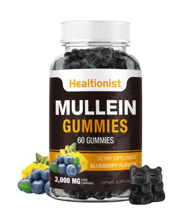 1 Pack Sugar Free Mullein Gummies - Lung Cleanse 3000MG Mullein Supplement for Respiratory Organic Mullein Drops Gummy with Quercetin & Bromelain for Lung Digestive Health & Immune 90Ct 60 Count (Pack of 1)