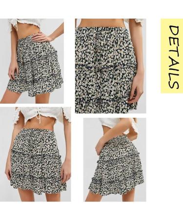 LAEMILIA Women's Floral Print Flared Mini Skater Skirt - Elastic Waist, Pleated Design - XXL Navy Blue - Buy Online on GoSupps.com