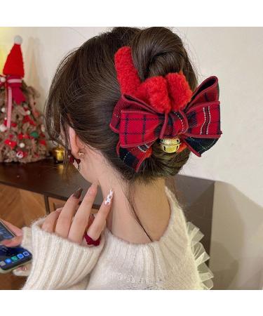 Bow Hair Claw Clip - Big Plaid Bow Fuzzy Hair Pins with Bell - Cute Half Bun Hairpins Nonslip Strong Hold Claw Clip for Women Red - Buy Online on GoSupps.com
