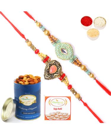 Ghasitaram Gifts Rakhi for Brother Rakhis Online - Set of 2 8469 8487 Premium Rakhis with 100 GMS of Dryfruits Mix Can 200 GMS of Kaju katli