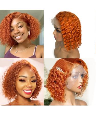 Orange T Part Bob Wig Human Hair 13x1x4 Brazilian Curly Remy Hair Deep Wave With Baby Hair Side Part Short Bob Lace Front Wigs Glueless Lace Wigs For Women Bleached Knots 180% Density 8 inch 8 Inch #Orange water wave