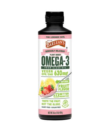 Barlean's Pink Lemonade Vegan Omega 3 Supplement Liquid Algae Oil with 630 mg EPA & DHA Plant Based Omegas from Algal Oil Non-GMO & Gluten Free 16 oz Pink Lemonade Swirl 16 Fl Oz (Pack of 1)