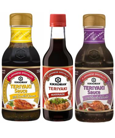 Kikkoman Teriyaki Marinade 250ml With Teriyaki Roasted Garlic Sauce 250ml & Teriyaki Sauce with Toasted Sesame 250ml (3 Pack Mixed Bundle) - Buy Online on GoSupps.com