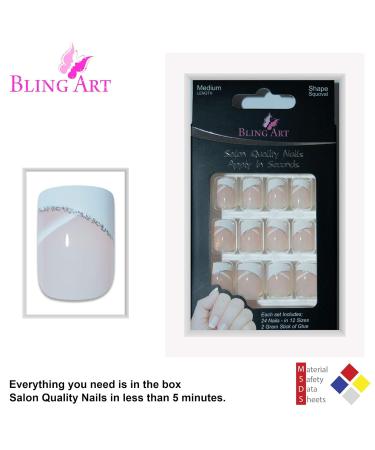 Bling Art False Nails - French Manicure White Glitter | 24 Medium Tips with Glitter Stars | International Shipping - Buy Online on GoSupps.com