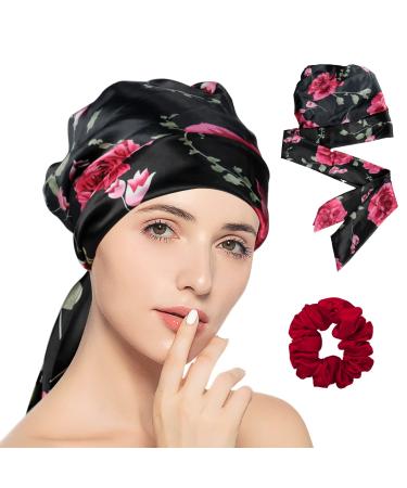 Bonnet with Tie Band ,Satin Silk-Bonnet for Sleeping with Straps Silk-Night -Cap for Women Curly Hair /Natural Hair/Long Free Hair -Scrunchie Wraps with Tie Band for Women Sleeping, Protects Curly Hair & Long Hair, Give Aw…