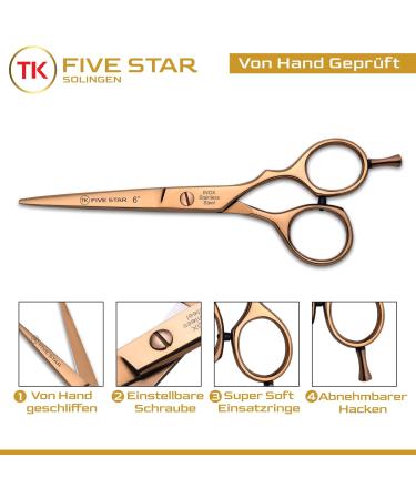 Five Star Solingen Gold-Line Offset Professional 6 Extra Sharp Rose Gold Hairdressing Scissors - Perfect for Men Women Salons & Kids - Rustproof & Ideal for Fine and Strong Hair - Buy Online on GoSupps.com