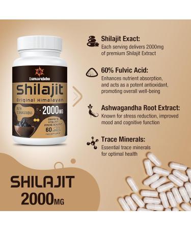 Lumarejebo Shilajit Capsules 2000MG - Natural Ashwagandha Extract - 60% Fulvic Acid & Trace Minerals - Energy Boost - 60 Count - Buy Online on GoSupps.com