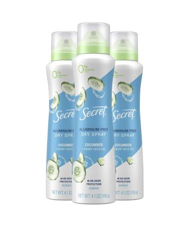 Secret Dry Spray Aluminum Free Deodorant for Women Refreshing Cucumber 4.1 oz (Pack of 3)