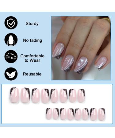 Valentine's Day Press On Nails - 24-Piece Angular French Pink Acrylic Set with Hearts & Lines - Buy Online on GoSupps.com